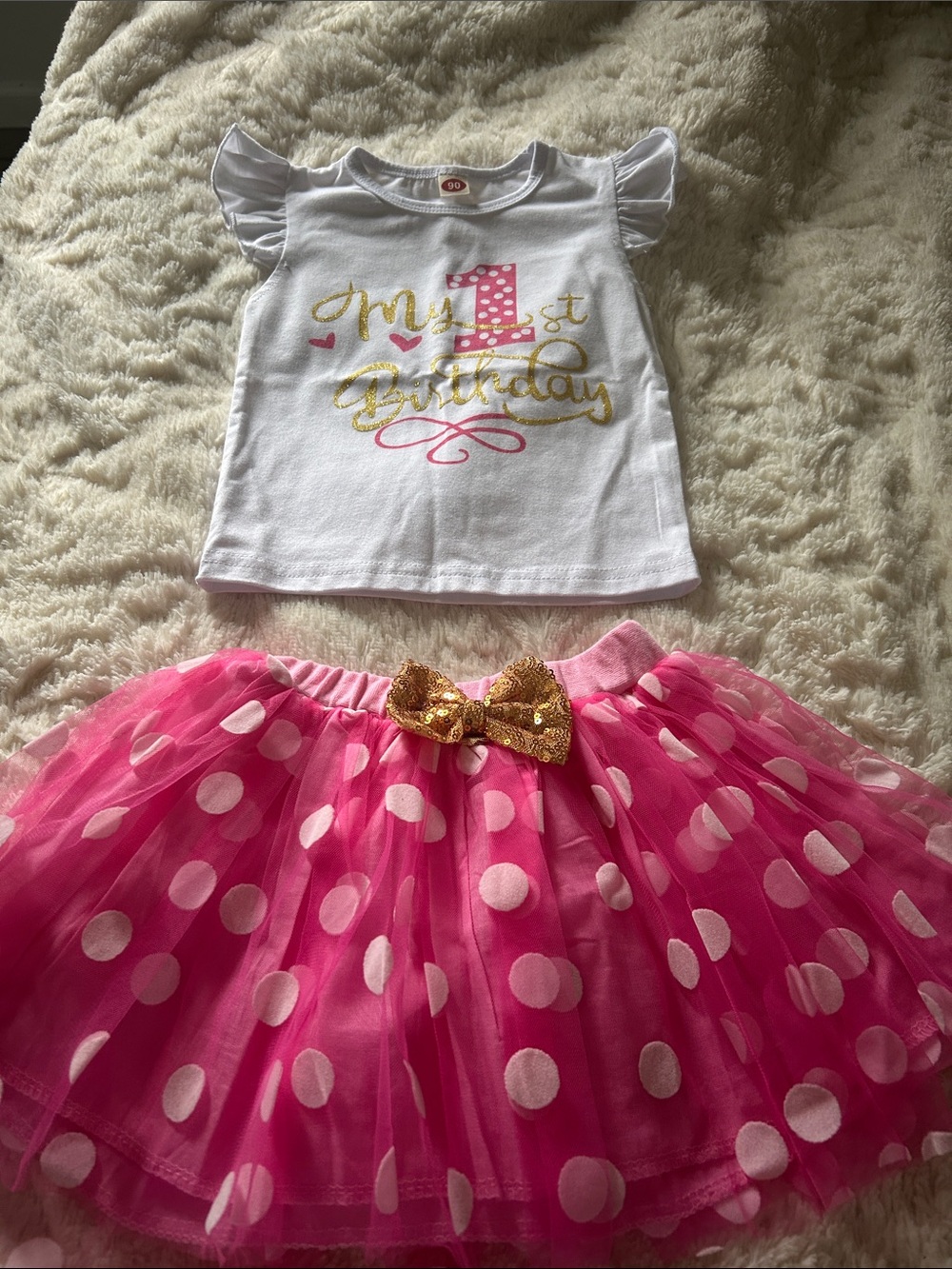 Girls' 1st Birthday Short Sleeve Tee & Pink Polka Dot Tutu Set